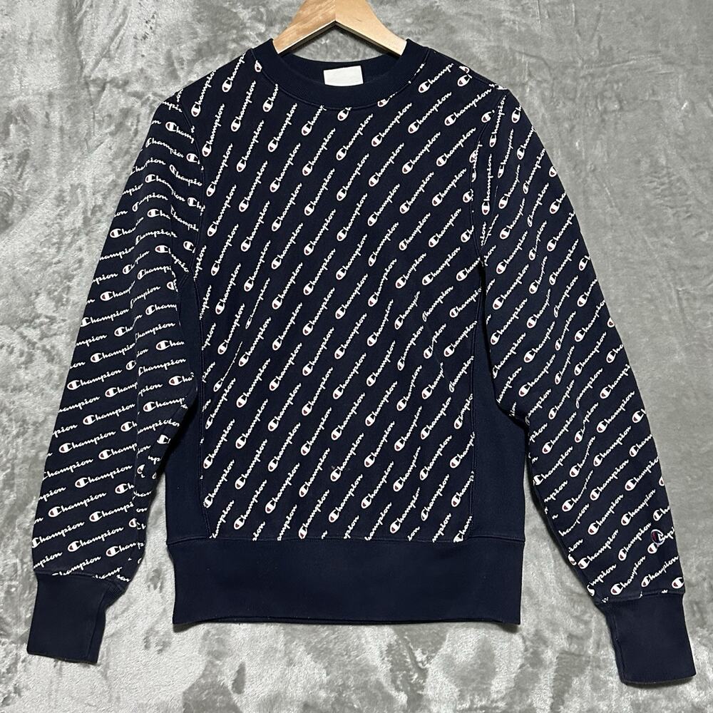 Champion Reverse Weave All Over Graphic Print Sweatshirt Mens Sz S Blue Crewneck